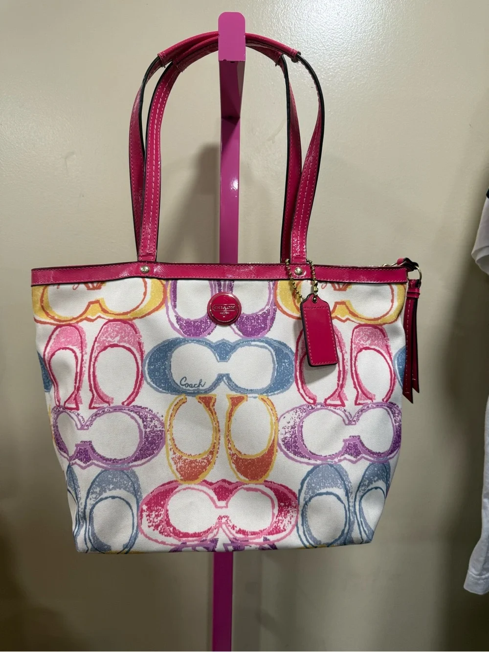 Coach Multicolor Signature Tote with Pink Trim and Handles